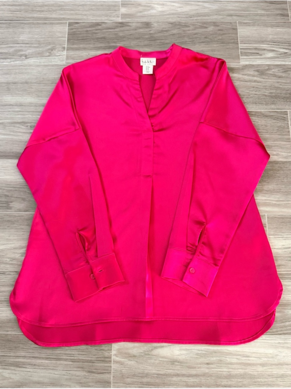 Nicole Miller Hot Pink Long Sleeve Split-Neck Satin Blouse